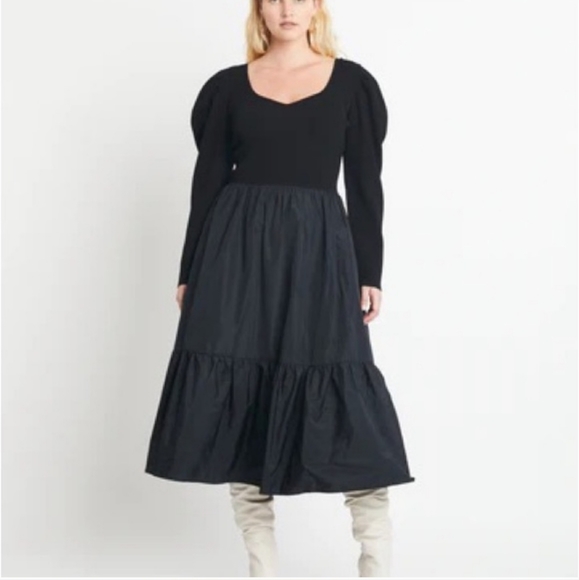 Tanya Taylor Eleanora Black Taffeta Puff Sleeve Midi Dress 3X - Picture 3 of 8